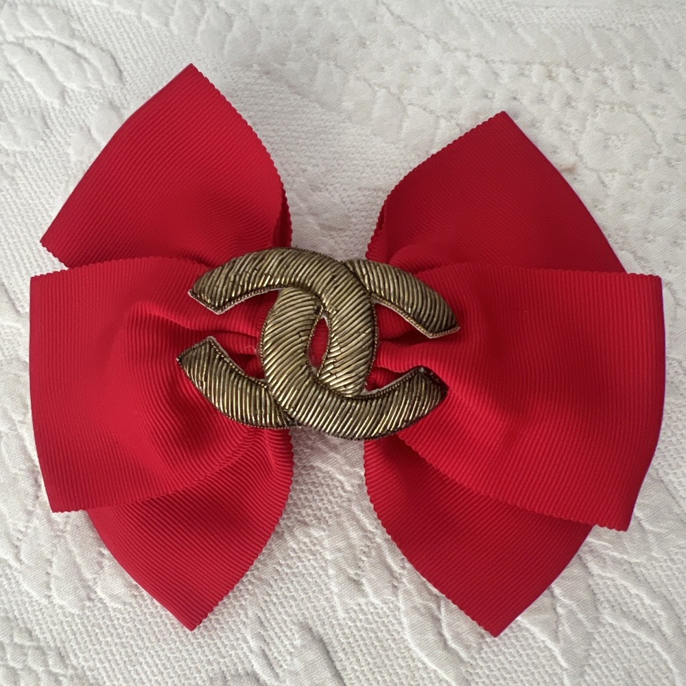 Vintage 1990's Chanel Bow Ribbon Red & Gold Barrette Hair Clip Made in France